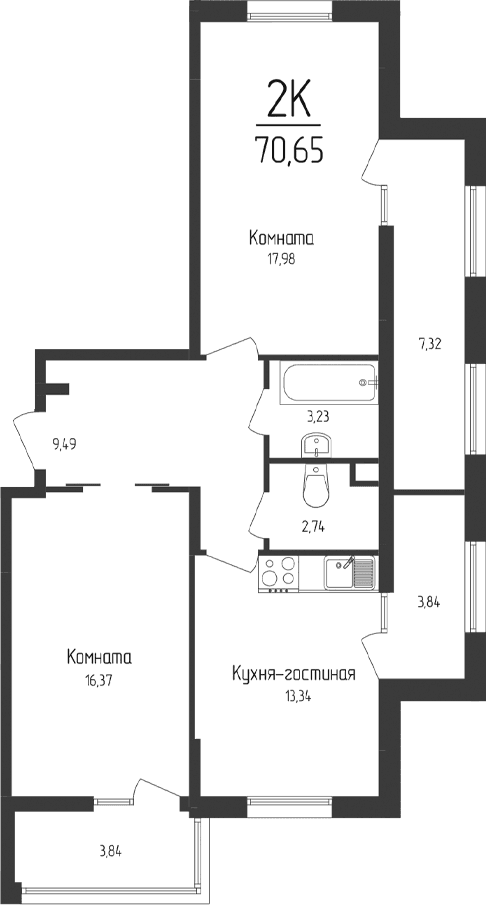 2-комн., 65.38 м²