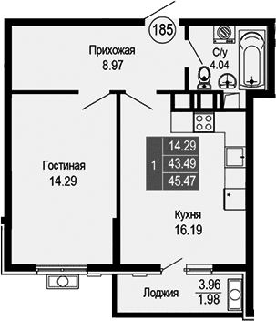 2-комн., 43.49 м²