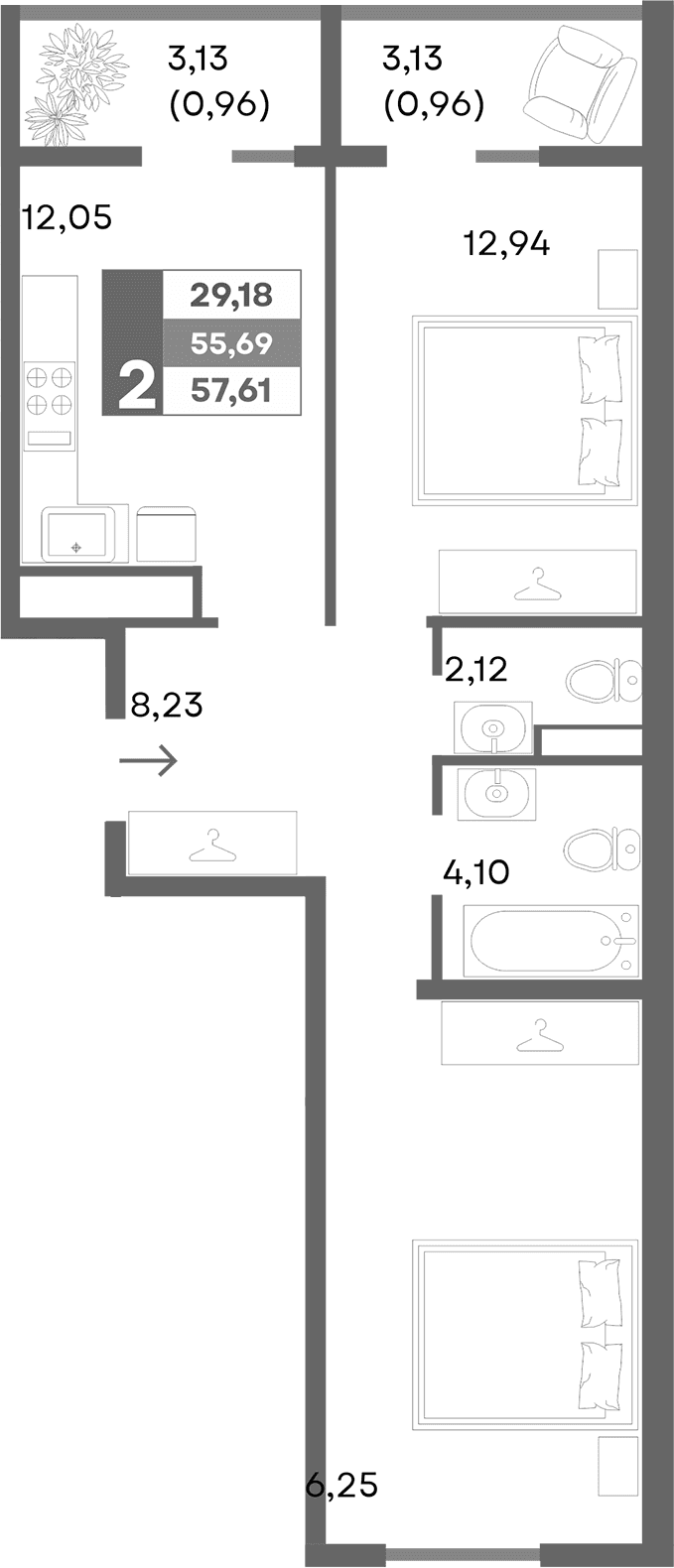 2-комн., 55.69 м²