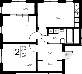 2-комн., 61.55 м²
