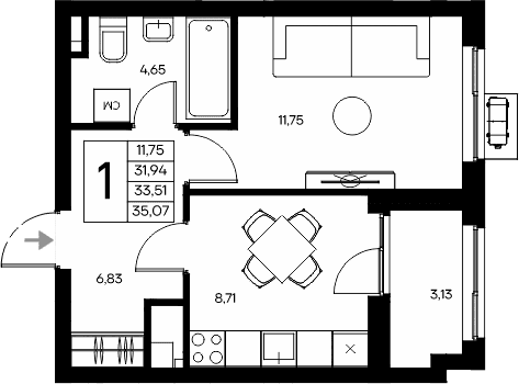 1-комн., 31.94 м²