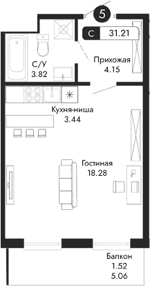 Студия, 29.69 м²