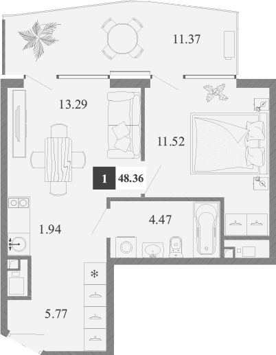 1-комн., 36.99 м²