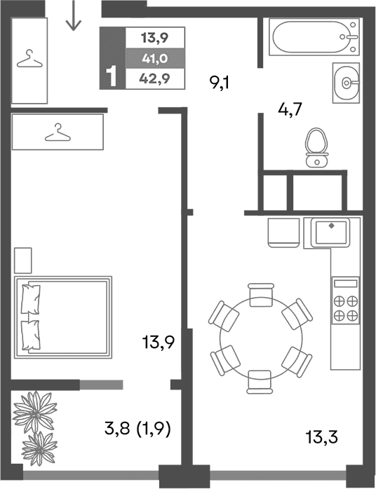 1-комн., 41 м²