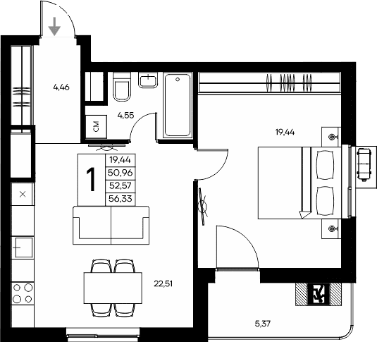 1-комн., 50.96 м²