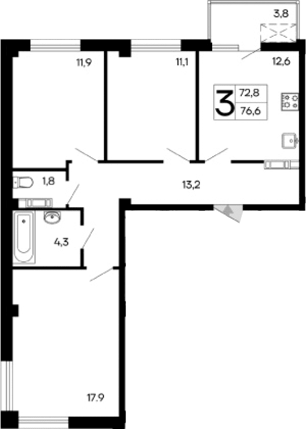 3-комн., 72.8 м²