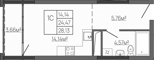 Студия, 24.47 м²