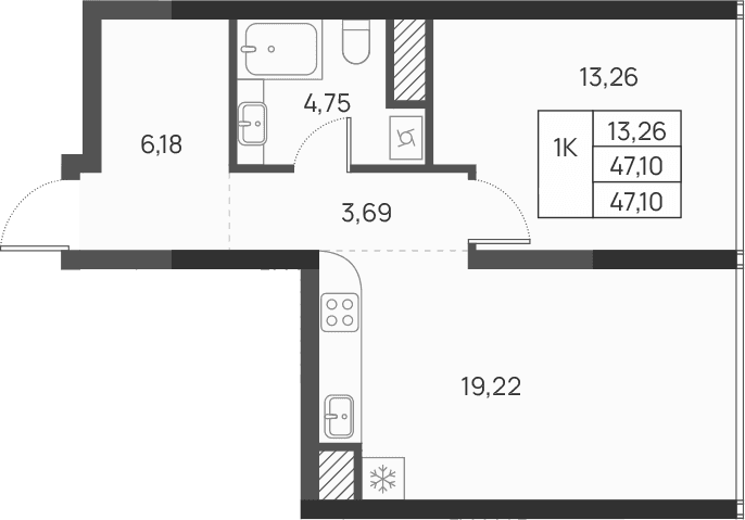 1-комн., 47.1 м²