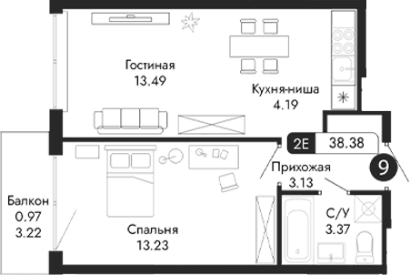 2-комн., 37.41 м²