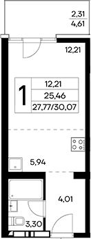 Студия, 27.76 м²
