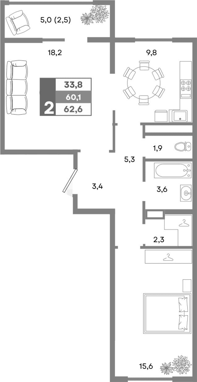 2-комн., 60.1 м²