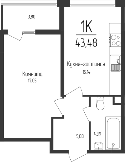1-комн., 41.58 м²