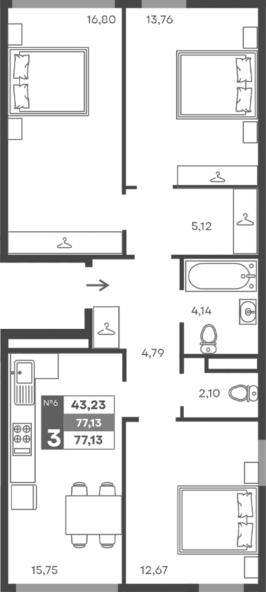 3-комн., 77.13 м²