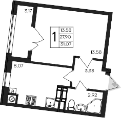 1-комн., 27.9 м²