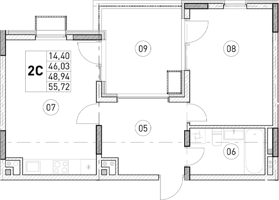 1-комн., 46.03 м²