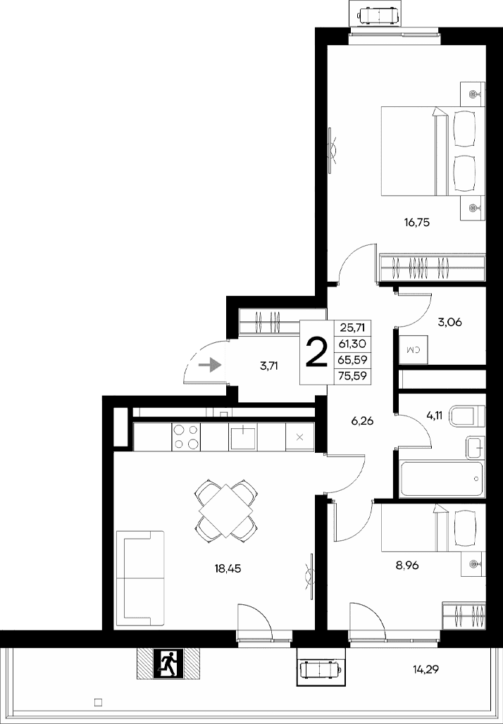2-комн., 61.3 м²