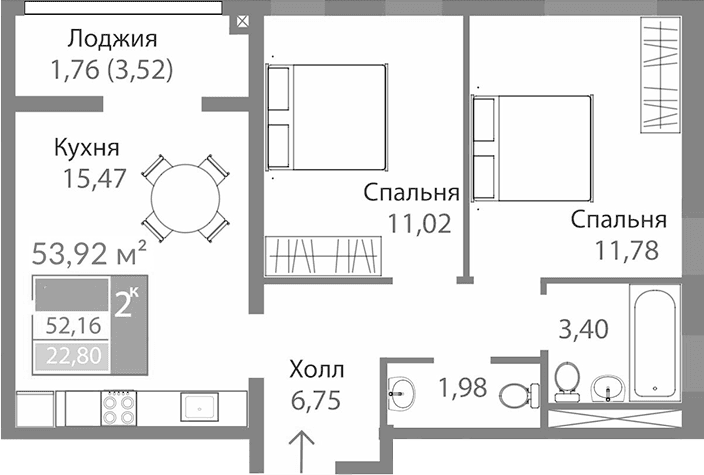 2-комн., 50.4 м²