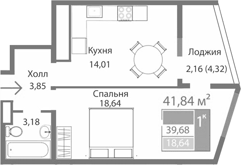 1-комн., 39.68 м²