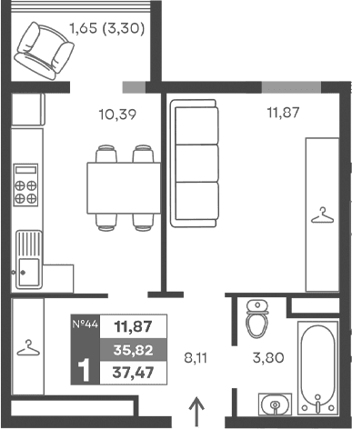 1-комн., 34.17 м²