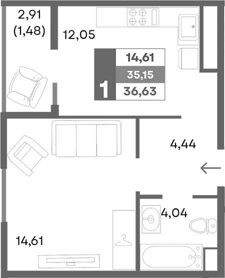 1-комн., 35.14 м²