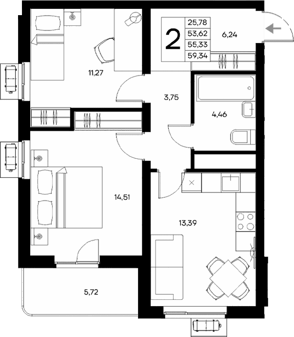 2-комн., 53.62 м²