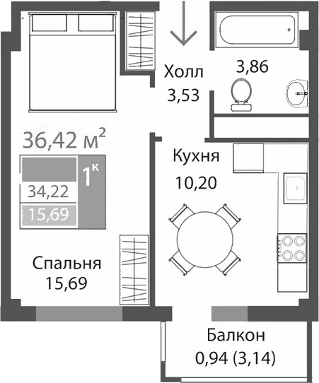 1-комн., 33.28 м²