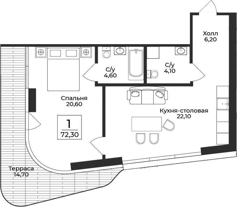 1-комн., 57.6 м²
