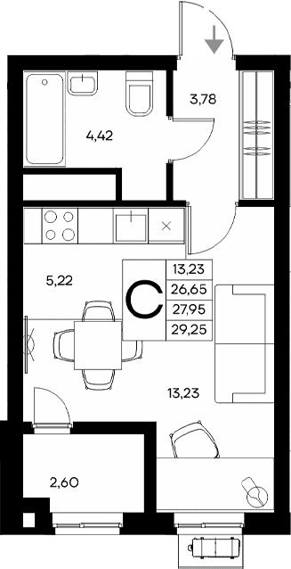 Студия, 26.65 м²