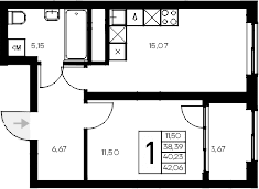 1-комн., 38.39 м²