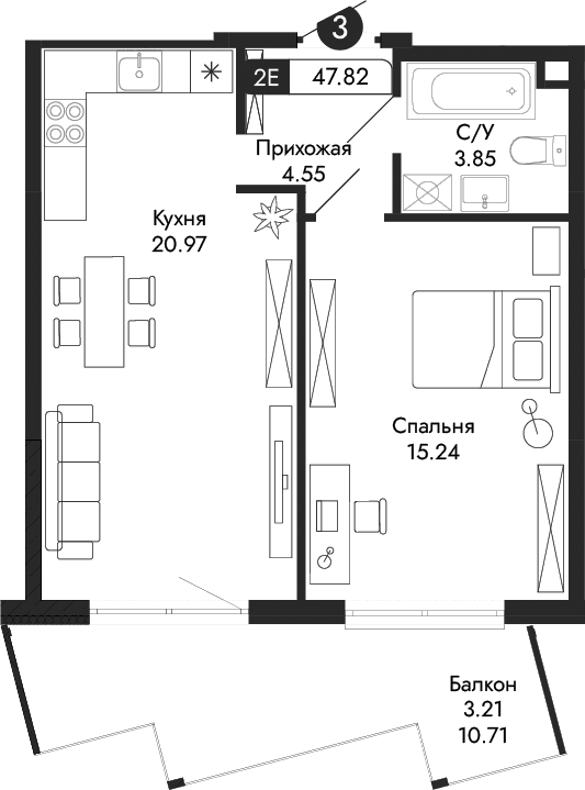 2-комн., 44.61 м²