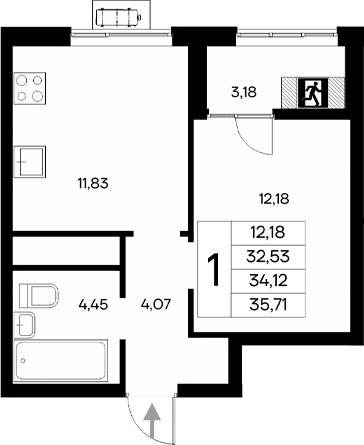 1-комн., 32.53 м²