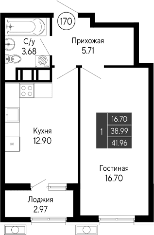 1-комн., 38.99 м²