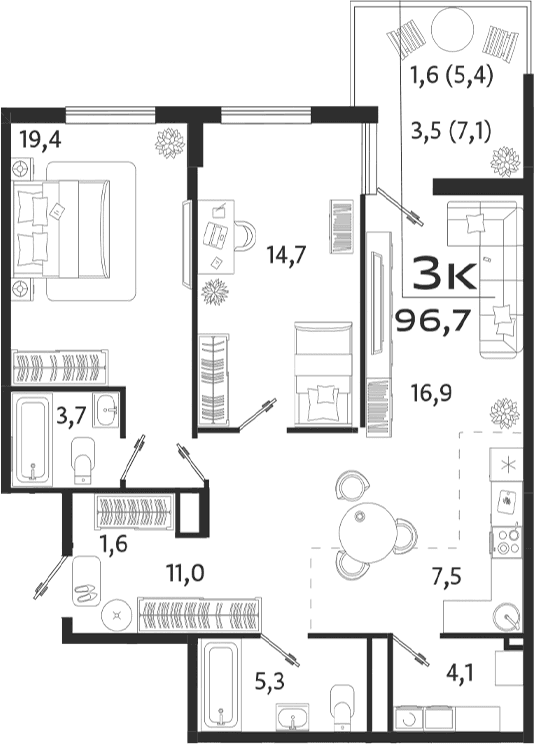3-комн., 84.2 м²