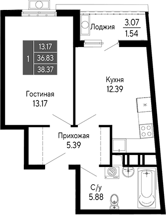 1-комн., 36.83 м²