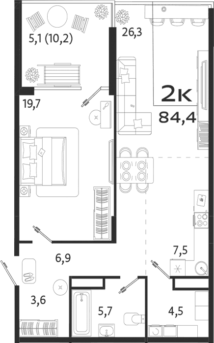 1-комн., 74.2 м²