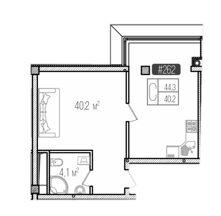 Студия, 44.3 м²