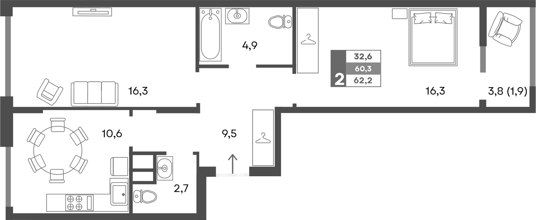 2-комн., 60.3 м²