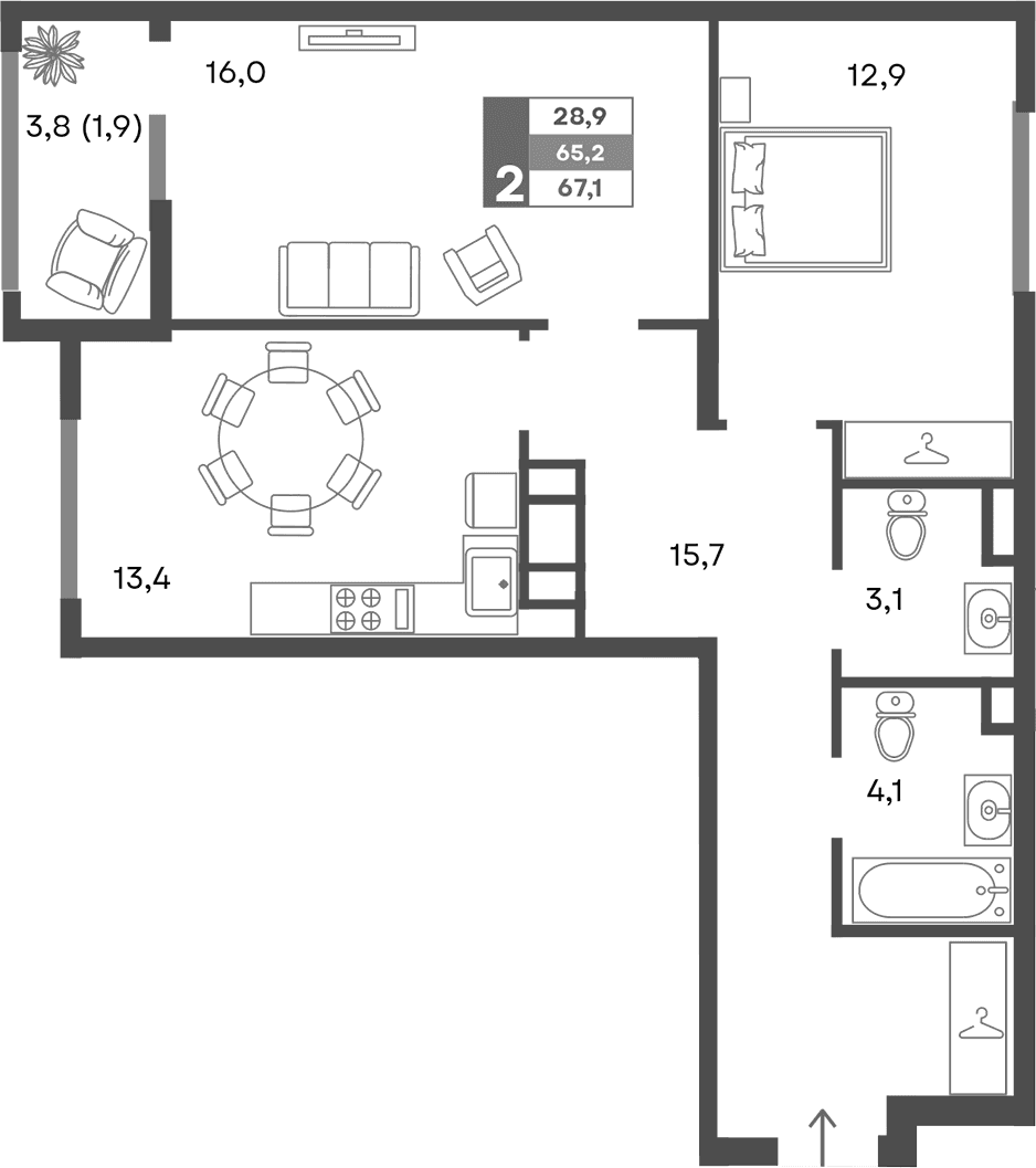 2-комн., 65.2 м²