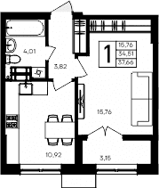 1-комн., 34.51 м²