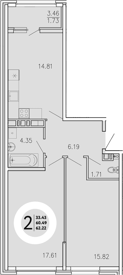 2-комн., 60.49 м²