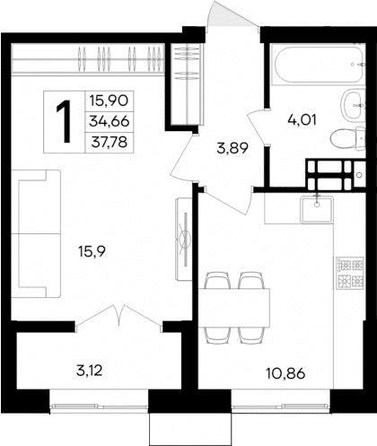 1-комн., 34.66 м²