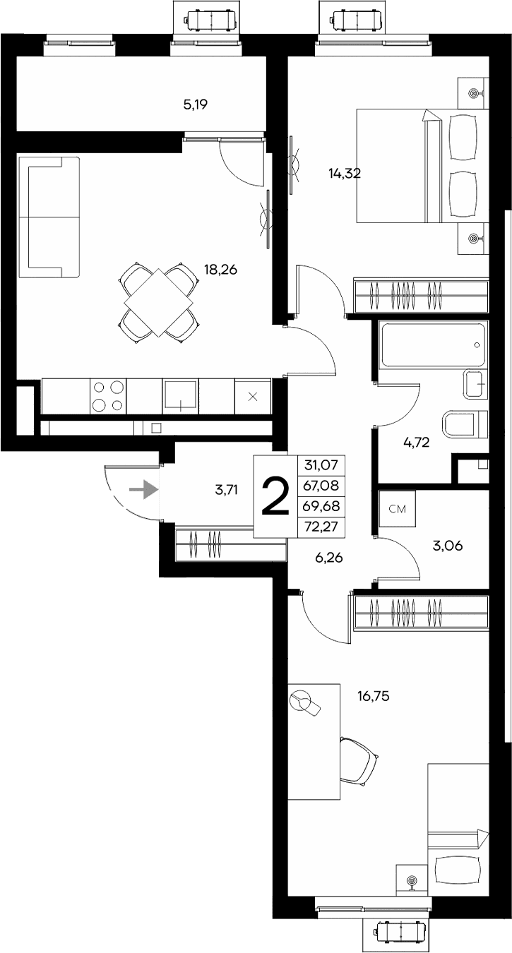 2-комн., 67.08 м²