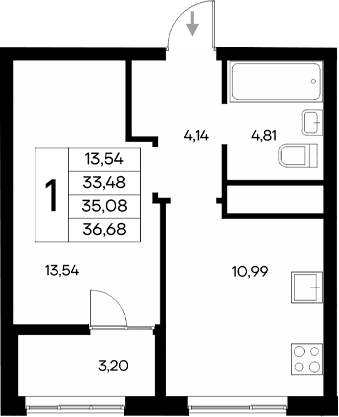 1-комн., 33.48 м²