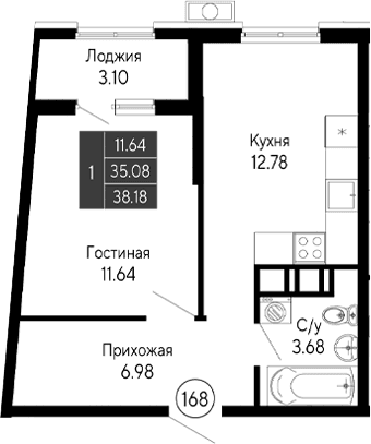 1-комн., 35.08 м²