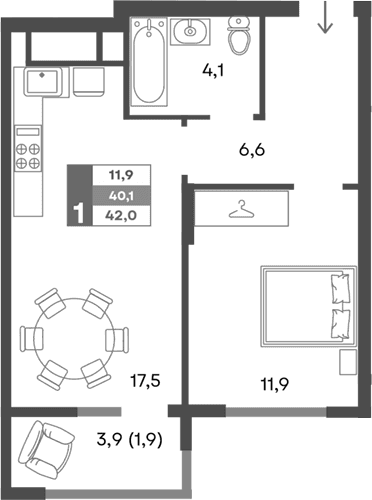 2-комн., 40.1 м²