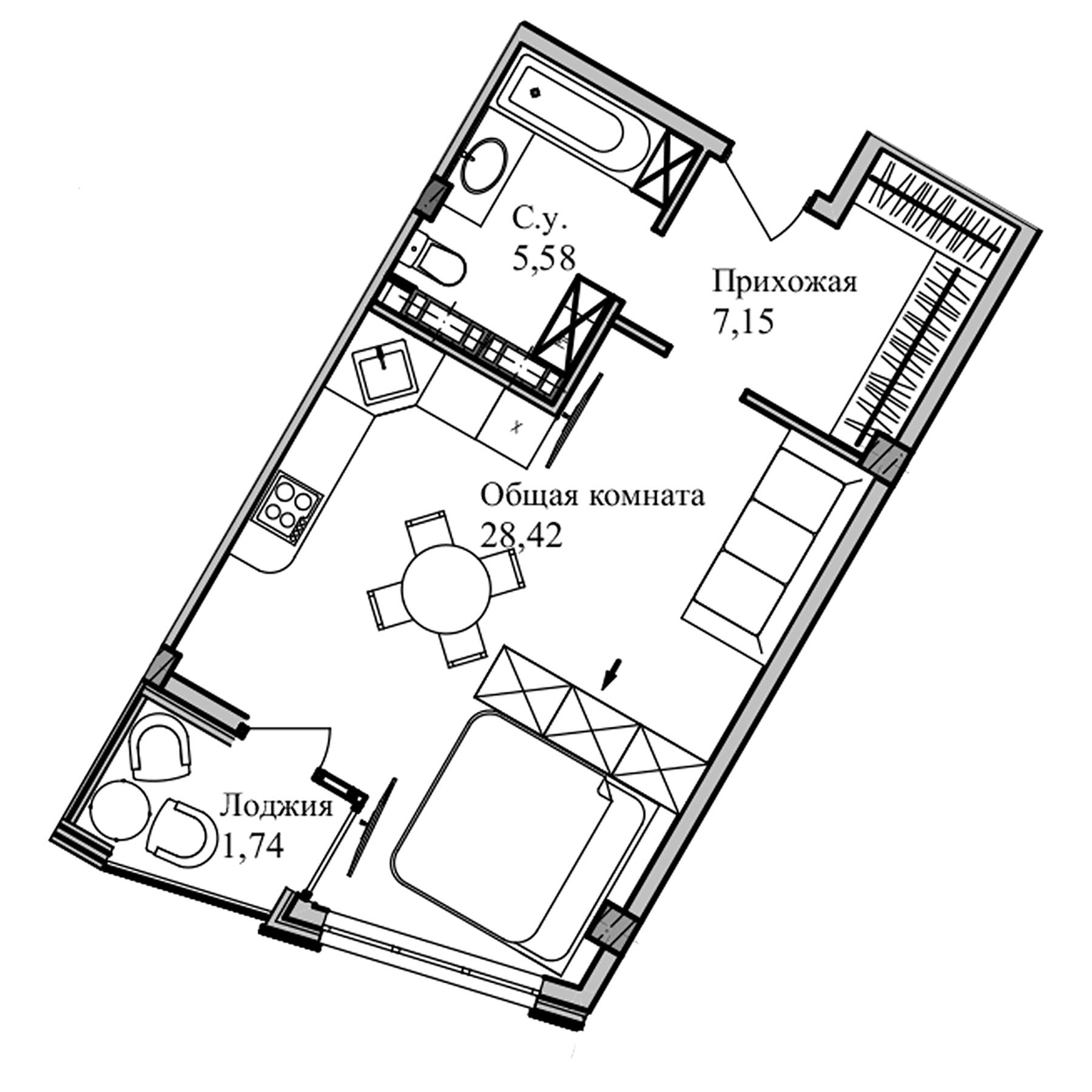 Студия, 42.66 м²
