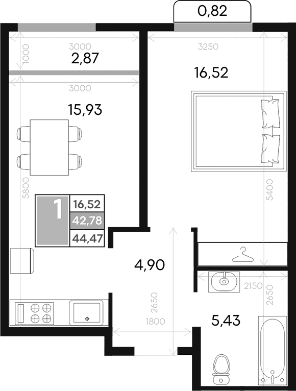 1-комн., 42.78 м²