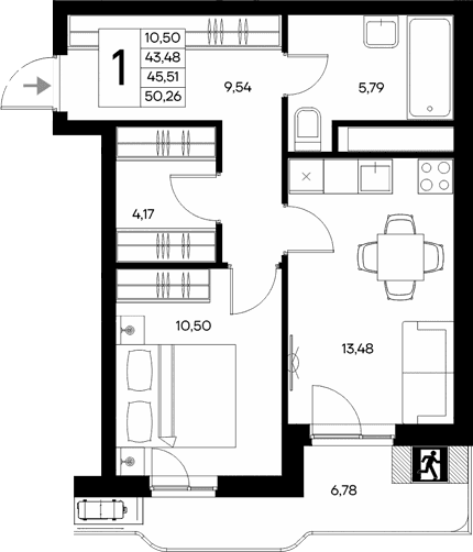 1-комн., 43.48 м²