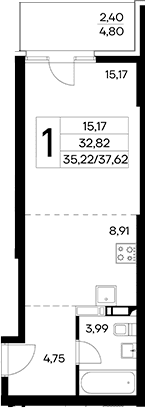 Студия, 35.22 м²