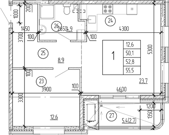 1-комн., 52.8 м²